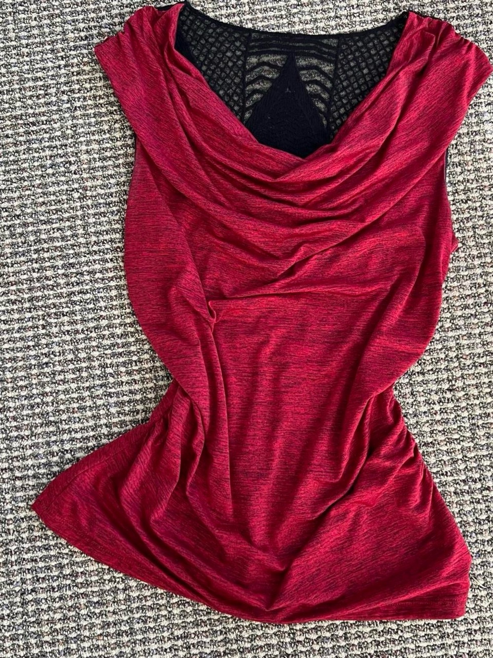 Y2K Grunge AB Studio Draped Cowl Neck Top in Burgundy Red with Black Lace Insert